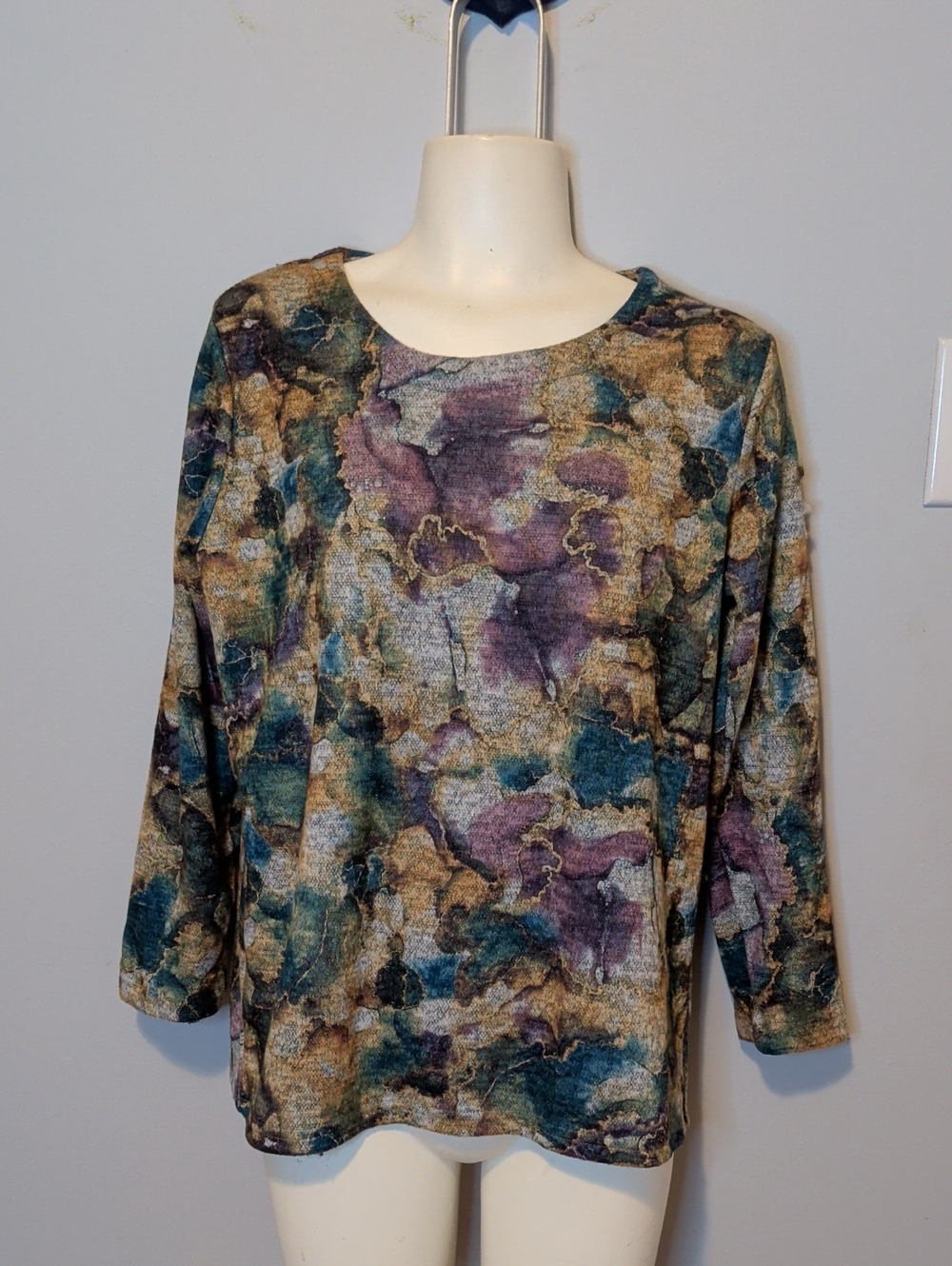 Women's Long Sleeve Crewneck Top in Teal, Purple & Tan